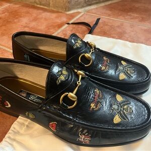 Gucci Black Leather Loafers with Gold Embroidery $1250